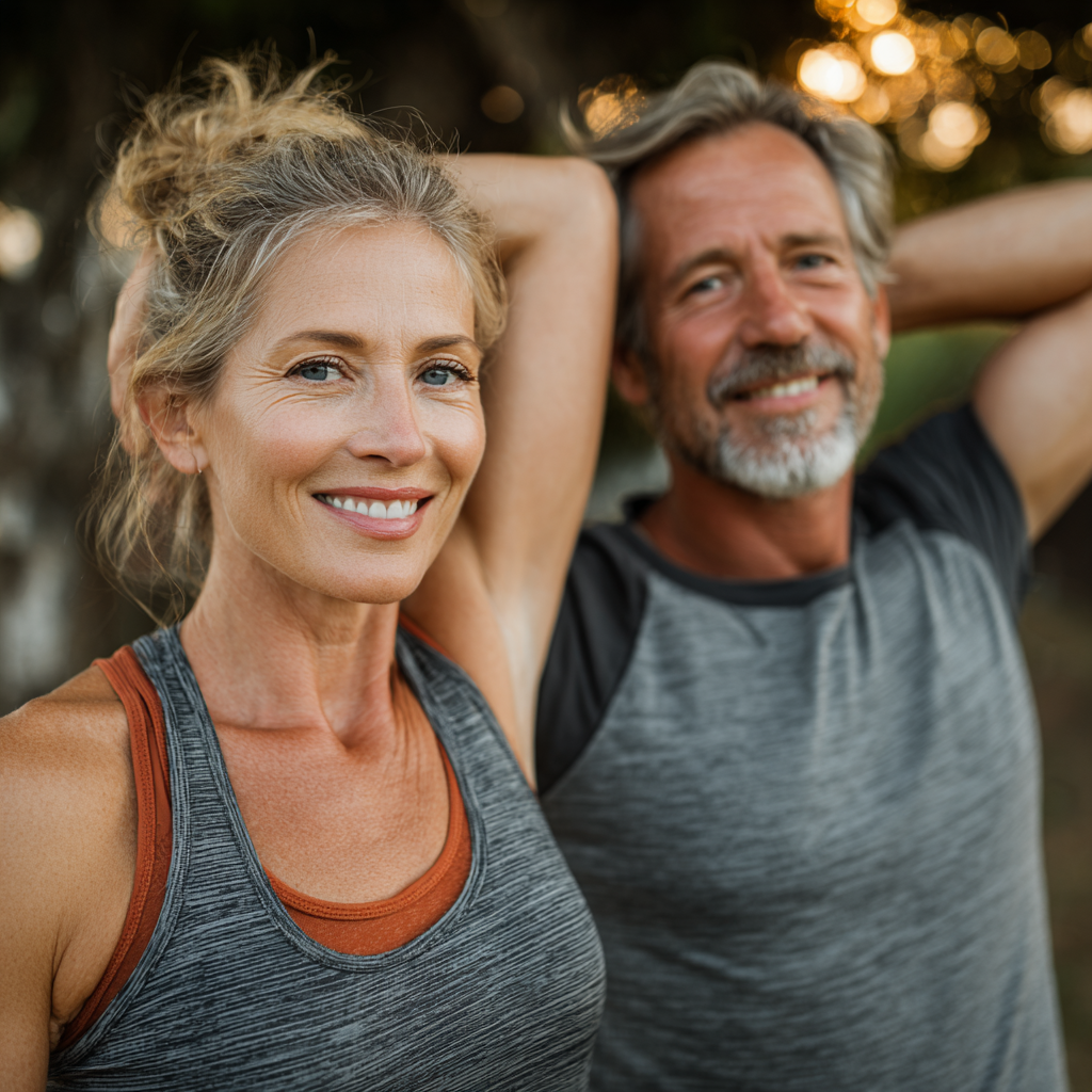 Mature couple in their early 50s exercising together outdoors, wearing comfortable athletic clothing, smiling and appearing confident and healthy while doing stretching exercises in a park setting